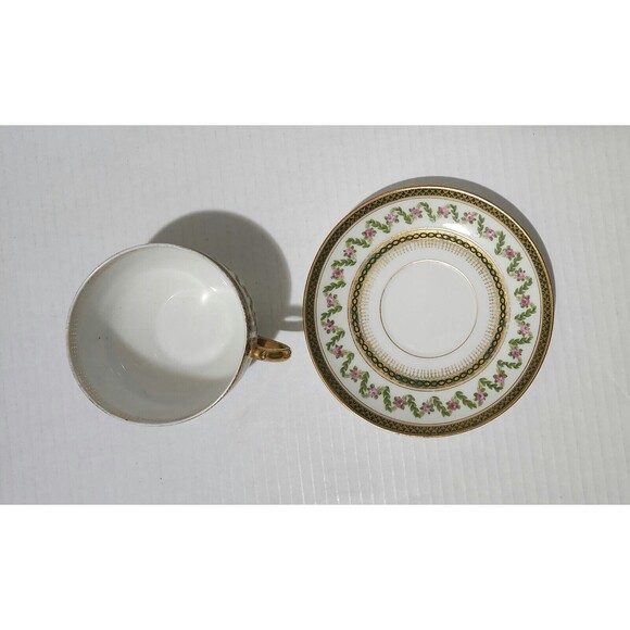 Goa France Che Field Haviland Limoges Cup with Saucer Rose Garland Green Gold - Picture 3 of 14